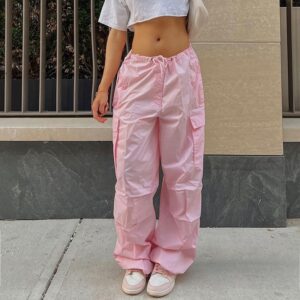 2022 Solid Loose Drawstring Trousers Low Waist Streetwear Joggers Baggy Wide Leg Sweatpants Hippie Pink Cargo Pants Y2K Clothing