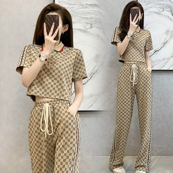 Fashion Sets Womens 2022 Summer New Lapel Short Sleeved Tops and Trousers Two Piece Set Plaid
