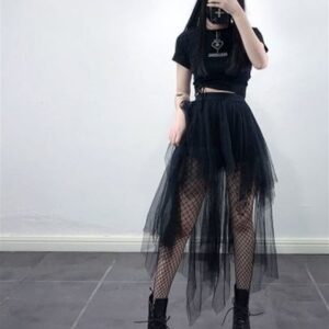 Gothic Black Mesh Long Mini Skirt Women Multilayer Irregular Dark Aesthetic Fairy Grunge Midi Skirts Punk Emo Alt Korean Fashion