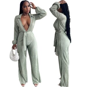 Gray The new style autumn stripe bunches the mouth long sleeve to bind the belt V collar sexy one-piece trousers