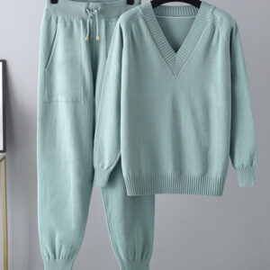 Knit Sweater Sets Women’s Warm Suit Elegant Casual Thick Sweaters and High Waist Pant 2 Pieces Set Female Solid Knitwear Winter