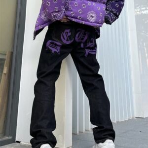 Men’s Y2k Jeans Cashew Flowers Purple Streetwear Casual Pants Punk Hip Hop Letter Print Baggy Harajuku Straight Denim Trousers