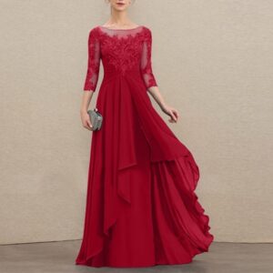 Plus Size 5XL Three Quarter Sleeve Pure Color Dress for Women Round Neck Lace Floor-Length Sexy Dress Vestido De Mujer