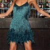 Sexy Tassel Sequins Feather Mini Dress Women Fashion Spaghetti Strap Stitching Dresses Female Elegant Evening Party Club Dress